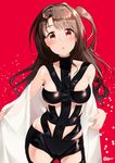  blush bondage_outfit breasts brown_eyes brown_hair collarbone commentary eyebrows_visible_through_hair highres hot_limit idolmaster idolmaster_cinderella_girls long_hair looking_at_viewer medium_breasts navel one_side_up open_mouth revision see-through shimamura_uzuki shirosaba shirt solo standing t.m.revolution undressing white_shirt 