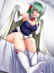  bangs bed blanket blush breasts curvy dutch_angle elbow_gloves eyebrows_visible_through_hair fate/grand_order fate_(series) gloves green_hair hair_between_eyes horns hospital_bed indoors kiyohime_(fate/grand_order) kneehighs large_breasts leaning_forward one-piece_swimsuit open_mouth sabujiroko sitting smile soles solo swimsuit tareme white_legwear yellow_eyes 