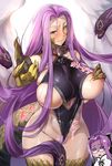  areola_slip areolae bare_shoulders blush breasts choker claws cleavage closed_mouth covered_nipples dual_persona eyebrows_visible_through_hair fate/grand_order fate_(series) glasses gorgon_(fate) hand_on_own_chest highres hijiri huge_breasts long_hair looking_at_viewer monster_girl multiple_girls navel outstretched_arm pubic_hair pubic_hair_peek purple_eyes purple_hair red_collar rider scales skindentation snake standing sweat very_long_hair 