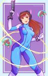  :p bodysuit breasts brown_hair d.va_(overwatch) gun metroid overwatch pistol samus_aran_(cosplay) 