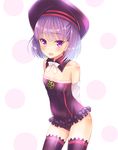  arms_behind_back bare_shoulders beret blush commentary_request detached_collar detached_sleeves fate/grand_order fate_(series) hat helena_blavatsky_(fate/grand_order) highres leotard open_mouth purple_eyes purple_hair purple_legwear purple_leotard short_hair smile solo strapless strapless_leotard thighhighs uonuma_yuu white_sleeves 