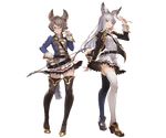  adjusting_eyewear animal_ears bangs belt black_legwear boots bow_(weapon) breasts brown_eyes brown_hair detached_sleeves eighth_note erune feathers full_body glasses granblue_fantasy hair_ornament hairclip hand_on_hip jacket korwa long_hair looking_at_viewer medium_breasts minaba_hideo multiple_girls musical_note official_art open_clothes open_jacket quill school_uniform short_hair silver_hair skirt smile standing sutera_(granblue_fantasy) thigh_boots thighhighs thighhighs_under_boots transparent_background weapon white_legwear zettai_ryouiki 