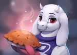  blurred_background closed eyebrows eyelashes food horn pie red_eyes rodrigues404 smile toriel undertale video_games 