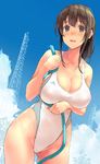  :d amamiya_natsumi ass_visible_through_thighs bare_arms bare_shoulders blue_eyes blush breast_hold breasts brown_hair cloud collarbone commentary competition_swimsuit covered_nipples cowboy_shot day dutch_angle highleg highleg_swimsuit hose impossible_clothes kekemotsu large_breasts lips looking_at_viewer one-piece_swimsuit open_mouth original partially_visible_vulva ponytail power_lines sidelocks sky smile solo swimsuit thighs tongue transmission_tower wet 