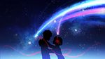  1girl comet commentary_request facing_another highres kimi_no_na_wa miyamizu_mitsuha night night_sky red_string short_hair silhouette sky star_(sky) starry_sky string tachibana_taki the_cold upper_body 