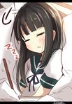  =_= artist_name bangs black_hair blunt_bangs breasts closed_eyes commentary_request eyebrows_visible_through_hair gloves hatsuyuki_(kantai_collection) highres kantai_collection long_sleeves neck_ribbon pen ribbon school_uniform serafuku short_sleeves sidelocks sleeping sleeping_upright small_breasts soramuko uniform white_gloves zzz 