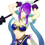 arms_up blue_hair breasts cleavage contrapposto gloves judith long_hair medium_breasts midriff multicolored_hair navel pointy_ears polearm purple_eyes purple_hair solo standing tales_of_(series) tales_of_vesperia two-tone_hair upper_body weapon white_gloves zakki 