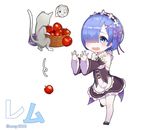  ;q apple bangs basket blue_eyes blue_hair blunt_bangs blush character_name chibi closed_mouth commentary_request detached_sleeves food frills fruit grin hair_ornament hair_over_one_eye hair_ribbon highres maid maid_headdress mary_janes one_eye_closed open_mouth pantyhose puck_(re:zero) purple_ribbon re:zero_kara_hajimeru_isekai_seikatsu rem_(re:zero) ribbon shoes short_hair smile solo_focus the_cold tongue tongue_out twitter_username wavy_mouth white_legwear x_hair_ornament 