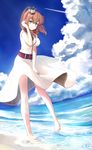  artist_name bad_id bad_pixiv_id banned_artist barefoot beach belt blue_eyes breast_pocket brown_hair cloud condensation_trail day dress itsuwa_(continue) jewelry kantai_collection long_hair looking_at_viewer outdoors pocket ponytail red_belt ring saratoga_(kantai_collection) side_ponytail solo water wedding_band white_dress 