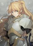  alicetaria_february armor blonde_hair braid green_eyes highres long_hair nikame ponytail rain re:creators sad solo 