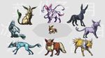  ambiguous_gender black_fur blue_eyes blue_fur brown_eyes brown_fur canine claws eevee eeveelution espeon feral flareon fur glaceon group jolteon leafeon looking_at_viewer mammal nintendo pok&eacute;mon purple_eyes red_eyes sylveon umbreon vaporeon video_games yaj_leaf_(artist) yellow_fur 