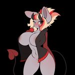  2017 anthro bat big_breasts blush breasts clothed clothing demon female fur grey_fur hair horn limebreaker mammal michi_tsuki simple_background smile solo spade_tail succubus 