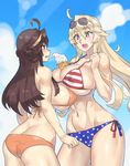  abs ahoge american_flag_bikini ass asymmetrical_docking between_breasts bikini blonde_hair blue_eyes blush breast_press breasts brown_hair butt_crack collarbone covered_nipples day double_bun flag_print food headband height_difference huge_breasts ice_cream_cone iowa_(kantai_collection) kantai_collection kongou_(kantai_collection) large_breasts long_hair looking_at_another melting mismatched_bikini mizuumi_(bb) multiple_girls navel open_mouth orange_bikini outdoors panties purple_eyes side-tie_panties star star-shaped_pupils sunglasses swimsuit symbol-shaped_pupils underwear 