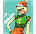  arms_(game) bangs beanie blonde_hair chinese_clothes domino_mask facepaint green_eyes hat kuruto. looking_at_viewer mask min_min_(arms) short_hair solo 