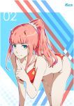  1girl absurdres all_fours bangs bikini blue_eyes blunt_bangs breasts character_name collarbone darling_in_the_franxx hair_ornament hair_scrunchie highres horns index index_finger_raised kuno_(runkunochan) long_hair looking_at_viewer medium_breasts o-ring pink_hair ponytail red_bikini scrunchie shiny shiny_hair shiny_skin smile solo swimsuit untied untied_bikini white_scrunchie zero_two_(darling_in_the_franxx) 