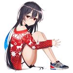  absurdres bangs black_hair blush boku_no_kanojo_wa_ningyohime!? christmas closed_mouth commentary eyebrows_visible_through_hair from_side gym_shorts hair_between_eyes highres legs_together long_hair looking_at_viewer making_of off_shoulder own_hands_together red_eyes shoes shorts simple_background sitting sneakers solo the_cold thighs very_long_hair white_background 