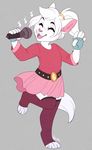 2017 albino anthro bianca_star_(mileymouse) cat clothed clothing cub feline female fingerless_gloves fur gloves hair leggings legwear mammal microphone musical_note open_mouth ponytail singing skirt smile solo standing strawberryneko toes young 