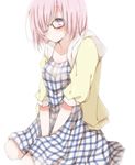  between_legs blue_eyes blush collarbone dress fate/grand_order fate_(series) glasses hair_over_one_eye hand_between_legs hiro_(hirohiro31) lavender_hair looking_at_viewer mash_kyrielight plaid plaid_dress semi-rimless_eyewear short_hair simple_background sitting skirt solo white_background 