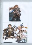  2girls absurdres armor armored_boots belt black_legwear blonde_hair blue_eyes boots brown_hair cape cigarette earrings facial_hair gauntlets gradient_hair granblue_fantasy green_hair highres holding io_euclase jewelry katalina_aryze long_hair looking_at_viewer minaba_hideo multicolored_hair multiple_girls non-web_source official_art open_mouth rackam_(granblue_fantasy) red_eyes scan shorts simple_background sitting smoke staff stubble sword twintails weapon 