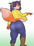 anthro big_breasts big_butt blue_hair boots breasts butt camel_toe canine carmelita_fox clothed clothing dipstick_tail female footwear fox fur hair huge_breasts jacket mammal multicolored_tail orange_fur simple_background sly_cooper_(series) solo tgtf234 under_boob video_games 