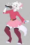  2017 albino anthro bianca_star_(mileymouse) breasts cat clothed clothing feline female fingerless_gloves fur gloves hair leggings legwear mammal microphone musical_note open_mouth ponytail singing skirt smile solo standing strawberryneko teenager toes young 