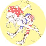  adapted_costume alternate_legwear american_flag_legwear bent_over boots circle clownpiece cross-laced_footwear dra fairy_wings grin hat jester_cap lace-up_boots long_hair looking_at_viewer polka_dot short_shorts shorts smile solo striped striped_legwear teeth thighhighs torch touhou wings 