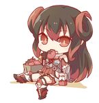  bare_shoulders black_hair bran_(oshiro_project) chibi detached_sleeves eating horns kata_meguma long_hair multicolored_hair oshiro_project oshiro_project_re red_eyes red_hair simple_background sitting solo spread_legs thighhighs tomato tomato_juice very_long_hair white_background 
