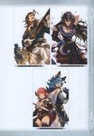  3girls absurdres animal_ears apollonia_vaar argyle argyle_legwear armor black_dress blue_hair breasts brown_hair cape cleavage cover crossed_legs drang_(granblue_fantasy) draph dress earrings elbow_gloves erune eugen_(granblue_fantasy) eyepatch facial_hair flower garter_belt gem gloves granblue_fantasy gun hair_flower hair_ornament highres holding holding_weapon horns jewelry large_breasts leotard lipstick long_hair looking_at_viewer looking_back makeup minaba_hideo multiple_boys multiple_girls non-web_source official_art open_mouth pants pink_hair purple_eyes red_eyes red_leotard rifle rosetta_(granblue_fantasy) scan serious short_hair short_sleeves simple_background sitting smile sturm_(granblue_fantasy) sword wavy_hair weapon white_gloves yellow_eyes 