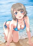  all_fours ass barefoot beach bikini blue_eyes blush breasts brown_hair cleavage collarbone commentary_request day dutch_angle highres keisuke_(0320030103200301) legs looking_at_viewer love_live! love_live!_sunshine!! medium_breasts ocean open_mouth outdoors sand short_hair smile solo striped striped_bikini swimsuit teeth thighs watanabe_you water wet 