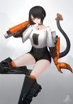  absurdres black_hair casual choker cyberpunk earrings eyepatch highres jewelry kasagarasu looking_at_viewer mecha_musume mechanical_arm mechanical_legs mechanical_tail necklace orange_eyes original prosthesis scar short_hair shorts simple_background sitting solo sumi_elias tail 