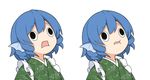  blue_hair commentary_request dehydrated drill_hair eyebrows_visible_through_hair hair_between_eyes head_fins japanese_clothes kimono mermaid monster_girl open_mouth simple_background solo strabismus tamahana touhou upper_body wakasagihime wall-eyed white_background 