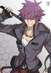  chain flipped_hair gold_chain highres jacket jewelry looking_at_viewer male_focus mirokuji_yuuya nikame popped_collar purple_hair re:creators ring simple_background smile smirk solo sunglasses thumb_ring 