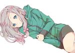  bad_id bad_pixiv_id bare_legs blue_eyes blush bow commentary_request eromanga_sensei green_jacket grin hair_bow hair_ornament hand_on_own_arm highres izumi_sagiri jacket long_hair long_sleeves looking_at_viewer lying on_side parted_lips pink_bow pomu silver_hair simple_background smile solo track_jacket white_background 
