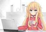  bangs blonde_hair blue_eyes blunt_bangs blush closed_mouth computer cup desk expressionless gabriel_dropout hide_the_pain_harold holding holding_cup jacket jitome karin260rs laptop long_hair meme messy_hair mug sitting solo tenma_gabriel_white track_jacket very_long_hair 