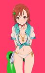  aqua_ribbon arms_behind_back bangs bikini blush brown_eyes closed_mouth collarbone cowboy_shot flat_chest frog_hair_ornament front-tie_top gekota green_innertube hair_ornament highres holding horizon innertube legs_apart looking_at_viewer misaka_mikoto navel orange_ribbon pinch_(nesume) pink_background red_hair ribbon sailor_collar shirt short_hair short_sleeves side-tie_bikini simple_background smile solo standing stomach swept_bangs swimsuit tareme to_aru_kagaku_no_railgun to_aru_majutsu_no_index white_bikini white_shirt 