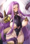  areola_slip areolae bare_shoulders blush breasts choker claws cleavage closed_mouth covered_nipples eyebrows_visible_through_hair fate/grand_order fate_(series) gorgon_(fate) hand_on_own_chest highres hijiri huge_breasts long_hair looking_at_viewer monster_girl navel outstretched_arm pubic_hair pubic_hair_peek purple_eyes purple_hair red_collar rider scales skindentation snake solo standing sweat very_long_hair 