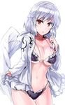  adapted_costume bangs bikini black_bikini breasts cleavage collarbone commentary_request cowboy_shot feathered_wings half_updo highres hood hood_down hooded_jacket jacket kishin_sagume large_breasts long_sleeves looking_at_viewer navel open_clothes open_jacket parted_lips red_eyes short_hair silver_hair simple_background single_wing solo stomach swimsuit thigh_gap touhou white_background white_jacket white_wings wings y2 