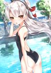  amatsukaze_(kantai_collection) arena_(company) ass back_cutout black_swimsuit chain-link_fence chestnut_mouth competition_swimsuit cowboy_shot dutch_angle fence from_behind hair_tubes hat highres kanju kantai_collection long_hair looking_at_viewer one-piece_swimsuit pool silver_hair solo swimsuit tree two_side_up windsock 