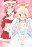  2girls angel_costume angel_wings bell_collar blonde_hair blue_eyes blush breasts brown_eyes brown_hair halo hiiragi_mayuki hinako_note large_breasts midriff sakuragi_hinako santa_costume santa_hat skirt small_breasts wings 