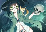  animal animal_on_shoulder arm_behind_head arm_up bad_id bad_pixiv_id bangs belt black-framed_eyewear black_hair buttons chain coat collarbone commentary dutch_angle eyebrows_visible_through_hair fox glasses green_eyes hat holding holding_skull long_hair looking_at_viewer matsuha_shuu navel on_shoulder open_clothes open_coat original parted_lips semi-rimless_eyewear sidelocks skull sky solo star_(sky) starry_sky tree under-rim_eyewear witch witch_hat 