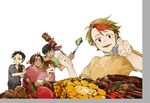  black_hair blonde_hair brown_eyes brown_hair cellphone corn fang food grey_eyes grill ji_guang-hong kebab leo_de_la_iglesia male_focus meat minami_kenjirou multicolored_hair multiple_boys open_mouth otabek_altin phichit_chulanont phone red_hair self_shot selfie_stick skewer smartphone smile two-tone_hair v you_(gay322k) yuri!!!_on_ice 