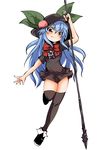  :3 black_dress black_legwear blue_hair blush bow commentary cosplay dress food food_on_head fruit fruit_on_head hat hinanawi_tenshi houjuu_nue houjuu_nue_(cosplay) komojino-u leaf long_hair looking_at_viewer object_on_head peach polearm red_eyes shoes short_dress smile solo spear standing standing_on_one_leg thighhighs thighs touhou weapon zettai_ryouiki 