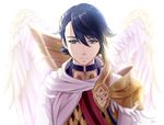  alfonse_(fire_emblem) angel_wings blue_eyes blue_hair cape fire_emblem fire_emblem_heroes looking_at_viewer male_focus pauldrons simple_background solo wings yori_ill 