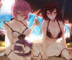  :t absurdres arm_up bare_arms bare_shoulders beach beach_umbrella bikini black_bikini black_bow blush bow breasts cleavage closed_mouth collarbone day eyebrows_visible_through_hair fang_out fate/grand_order fate_(series) front-tie_bikini front-tie_top groin hair_between_eyes hair_intakes highres holding horns hplay large_breasts leaning_forward lens_flare long_hair looking_at_viewer lotion lotion_bottle lying mash_kyrielight multiple_girls navel ocean on_side oni oni_horns outdoors parted_lips pink_eyes pink_hair pout pulled_by_self purple_eyes purple_hair red_bikini red_eyes red_hair scathach_(fate)_(all) scathach_(swimsuit_assassin)_(fate) shade shiny shiny_skin short_hair shuten_douji_(fate/grand_order) side-tie_bikini sitting skindentation small_breasts smile sparkle stomach strap_pull sunlight sunscreen swimsuit umbrella untied untied_bikini water white_bikini 