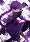  bangs black_serafuku black_skirt blurry book braid danganronpa danganronpa_1 depth_of_field eyebrows_visible_through_hair floating floating_object fukawa_touko furrowed_eyebrows glasses hair_tie highres holding holding_book jenevan long_hair long_skirt long_sleeves looking_at_viewer neckerchief photo_(object) pink_eyes pleated_skirt purple_hair red_neckwear rimless_eyewear round_eyewear school_uniform scissors serafuku simple_background skirt solo standing swept_bangs twin_braids very_long_hair white_background 