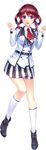  ankle_boots bangs boots breasts brown_hair full_body highres kneehighs long_sleeves looking_at_viewer medium_breasts misaki_kurehito official_art open_mouth purple_eyes ragnastrike_angels school_uniform short_hair skirt socks solo striped toujou_hinata transparent_background vertical_stripes white_legwear 