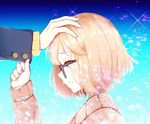  1girl blonde_hair blush cardigan closed_mouth commentary_request from_side glasses hand_up kanbara_akihito kuriyama_mirai kyoukai_no_kanata light_smile out_of_frame petting profile short_hair smile solo_focus sparkle tears the_cold upper_body yellow_eyes 