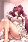  arm_support artist_name bangs bare_legs barefoot bed_sheet breasts commentary_request fate/grand_order fate_(series) hair_intakes hand_behind_head hand_in_hair highres indoors knees_together_feet_apart knees_up large_breasts legs long_hair long_sleeves looking_at_viewer naked_sweater no_pants open_mouth ponytail purple_hair red_eyes red_hair ribbed_sweater scathach_(fate)_(all) scathach_(fate/grand_order) shuugetsu_karasu sidelocks sitting sleeves_past_wrists solo sweater turtleneck turtleneck_sweater 