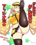  black_legwear blonde_hair breasts commentary_request green_eyes guilty_gear guilty_gear_xrd high_kick highres kicking large_breasts long_hair microskirt millia_rage okyou panties pom_poms skirt solo split standing standing_on_one_leg standing_split thighhighs underwear visor 