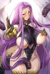  areola_slip areolae bare_shoulders blush breasts choker claws cleavage closed_mouth covered_nipples eyebrows_visible_through_hair fate/grand_order fate_(series) gorgon_(fate) hand_on_own_chest highres hijiri huge_breasts long_hair looking_at_viewer monster_girl navel outstretched_arm purple_eyes purple_hair red_collar rider scales skindentation snake solo standing sweat very_long_hair 